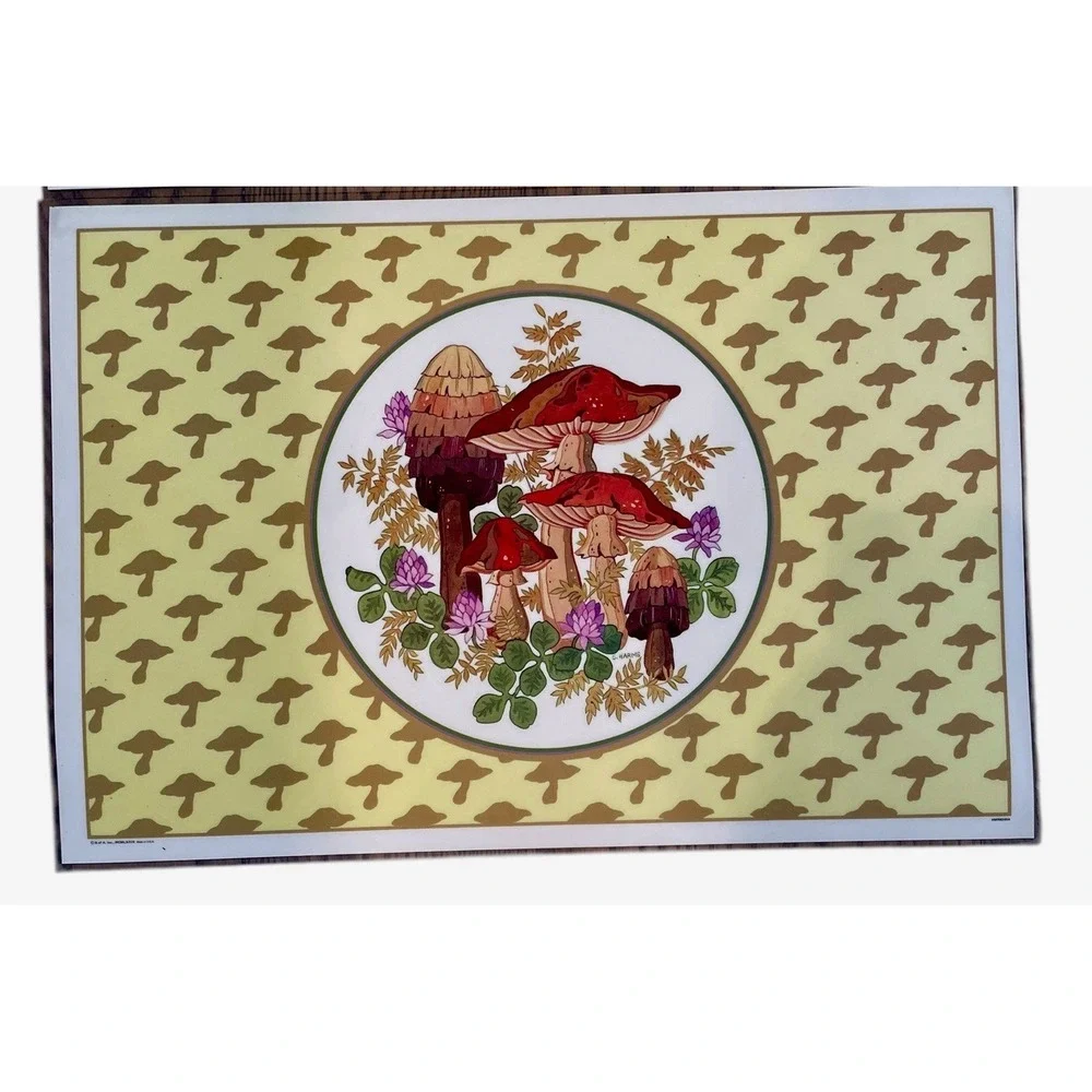 Vintage 70s MCM Mushroom Placemats Set 12 Green Reversible Retro Cottagecore